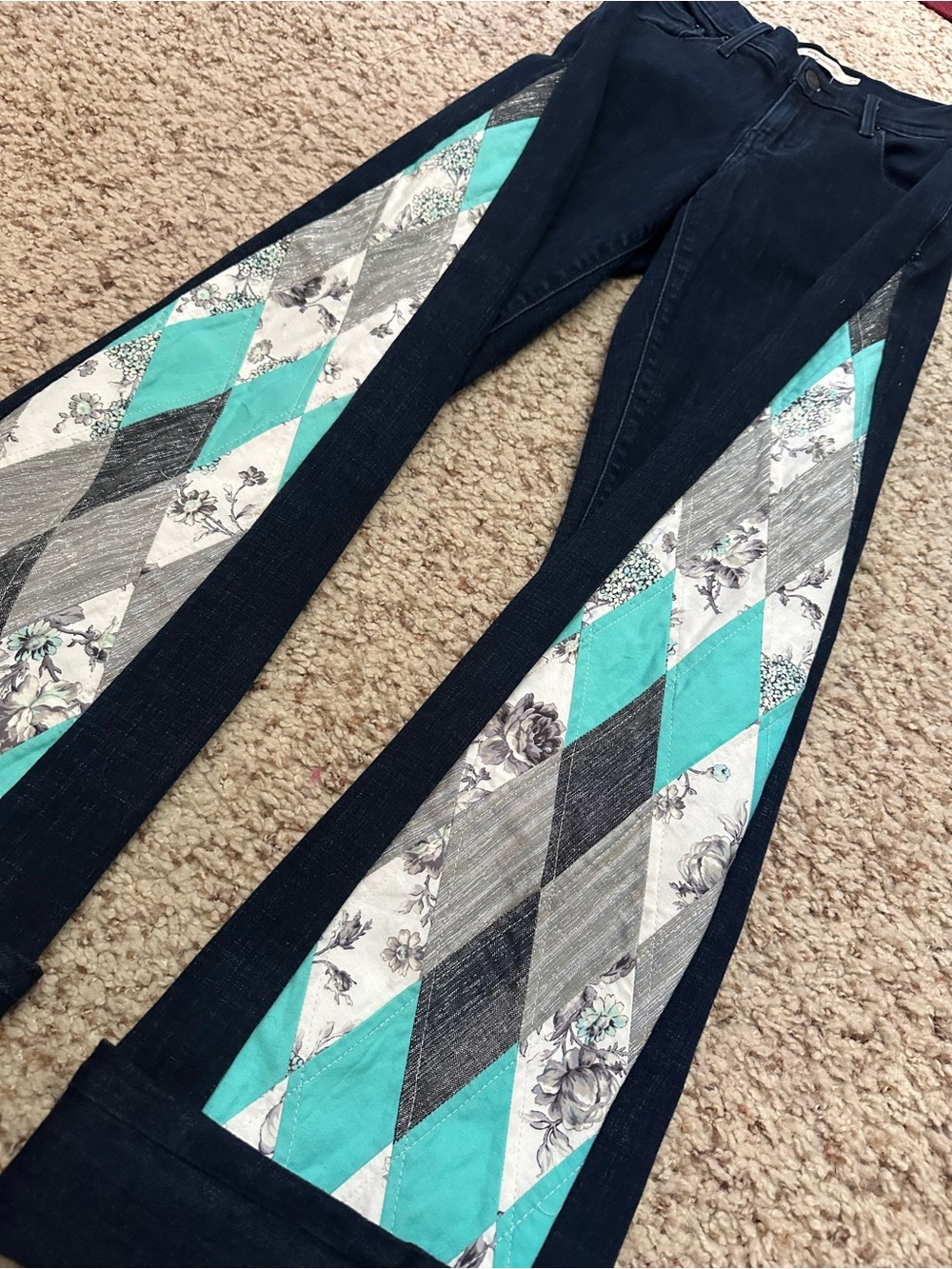 ✨UPCYCLED Wide Leg Argyle Quilted Side Panel Cuffed Levi’s 505 - Picture 6 of 10